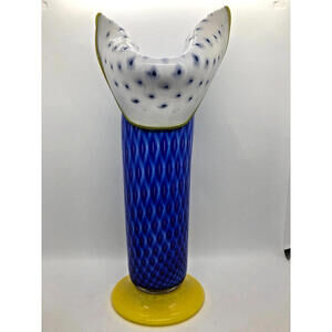 Hand Blown On-of-a-Kind 12" Tall Art Glass Vase Blue Yellow White Artist Unknown